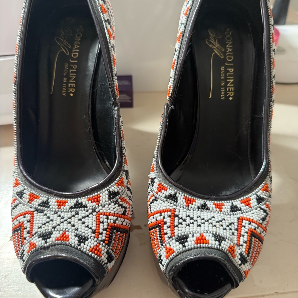 Donald J. Pliner Beaded Peep Toe Heels - Black and Orange